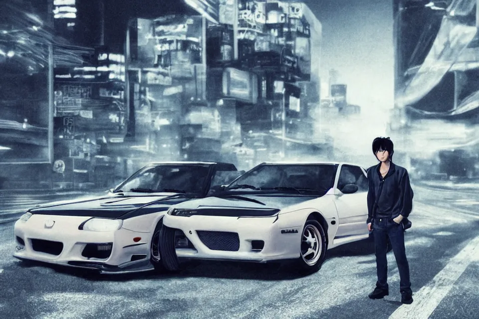 Image similar to aesthetic portrait illustration of ryosuke takahashi with black hair, dark blue shirt and white pants, standing by his white glossy mazda rx 7 on an empty highway at sunrise, cinematic lighting, initial d anime 1 0 8 0 p, 9 0 s anime aesthetic, volumetric lights, rule of thirds, unreal engine 5 render, pinterest wallpaper, trending on artstation