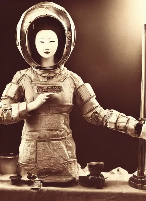 Image similar to old vintage photo of powerful Chinese ancient sentiel standing in the ancient temple during ritual big space suit helmet in front of her on the table, symmetrical face, big eyes and lips, looking at camera, subtle makeup, clean face and body skin,ecstatic expression,volumetric lights,depth of field, lens flares, dust in the air, moody lighting, intricate, elegant, highly detailed, centered, smooth, sharp focus, Donato Giancola, Joseph Christian Leyendecker, WLOP, Boris Vallejo, Artgerm moody photography, old photo, black and white, sepia, cinematic lighting, cinematic angle, national geographic