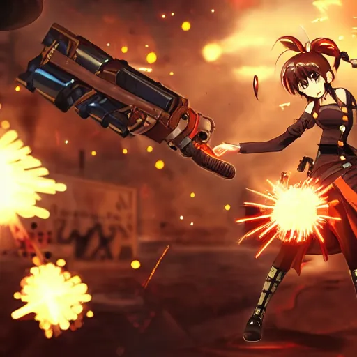 Prompt: anime girl destroying steampunk robots with guns with a steampunk katakana, epic, extremely detailed, sparks, particles, cinematic lighting,