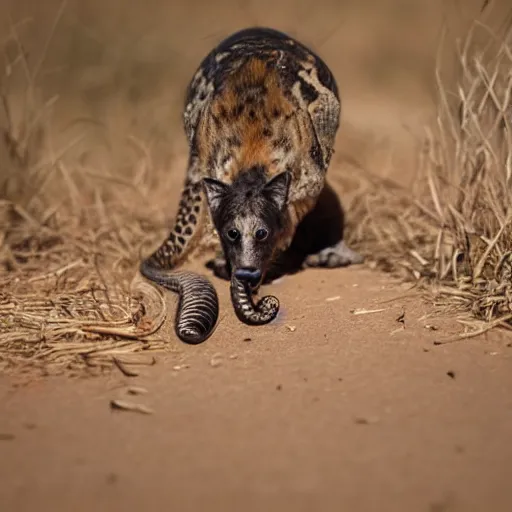 Prompt: award - winning nature photography of a snake preparing to attack a hyena