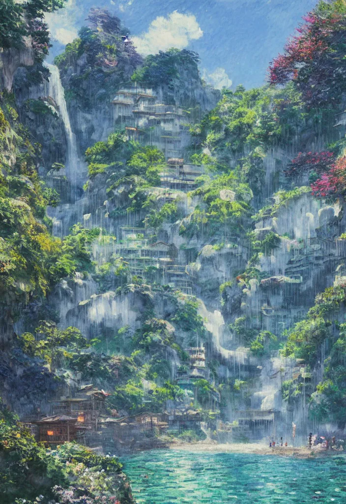 Image similar to a japanese city in the mountain surrounded by waterfall. cyberpunk, boats flying. beautiful blue sky. gorgeous epic nature, lofi, vivid colors, amazing light, by jeremy lipkin, by claude monet, heavily inspired by makoto shinkai, inspired by ghibli, masterpiece, multiple brush strokes, impressionist style