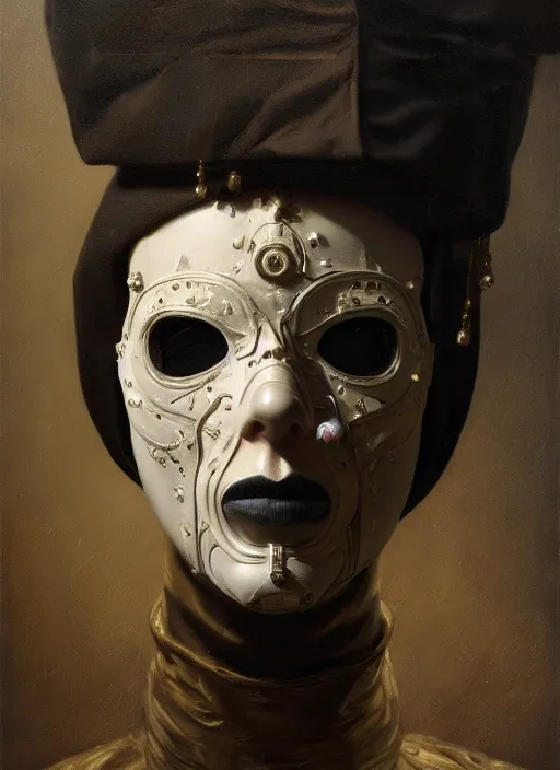 Prompt: highly detailed oil painting | very intricate | cinematic lighting | award - winning | the train mask by alexander mcqueen | by roberto ferri, by leng jun, by j. c. leyendecker and klimt, american romanticism, by austin osman spare, artstation, cgsociety, official art, octane