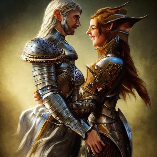 Prompt: portrait of a human knight with his elven wife smiling, fantasy, medieval, sharp focus, realistic, concept art, trending, high detail, elegant woman, intricate facial detail, masterpiece, high resolution, man, woman