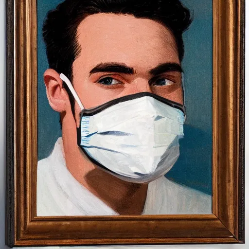 Image similar to portrait of young man wearing black medical mask, style of coby whitmore