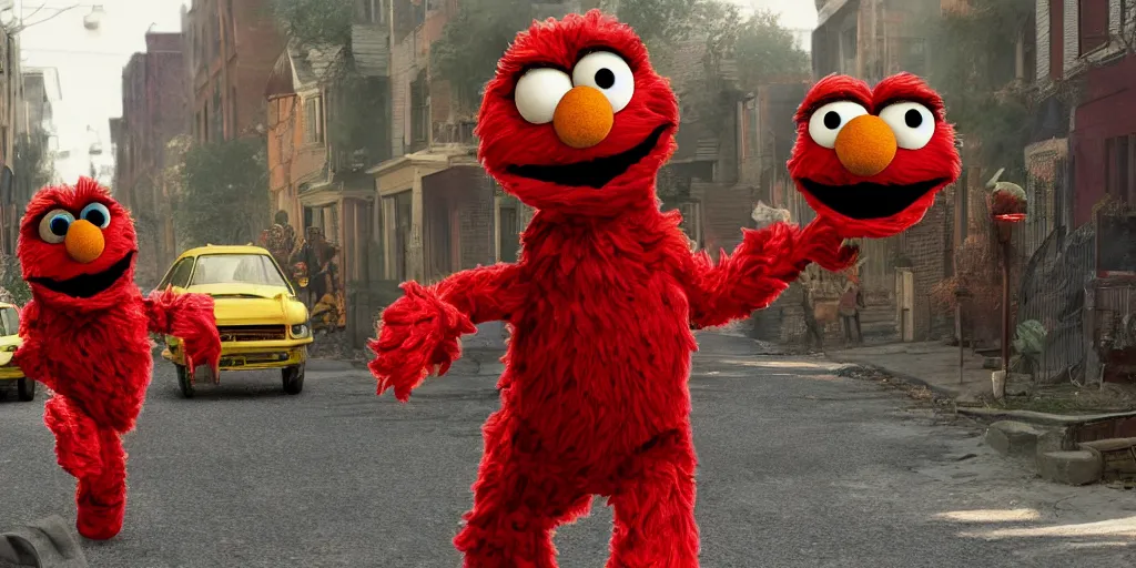 Image similar to realistic scene of elmo street in war, ultra realistic, 8 k