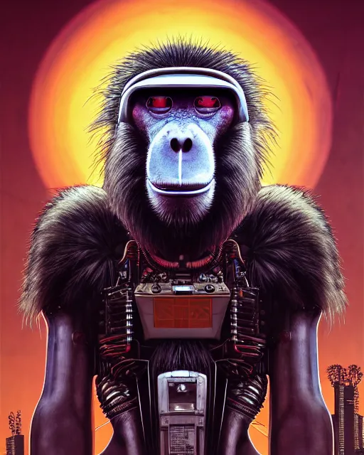 Prompt: a portrait of an anthropomorphic cyberpunk baboon by sandra chevrier, detailed render, tape deck, epic composition, cybernetics, 4 k realistic, cryengine, realistic shaded lighting, sharp focus, masterpiece, by matteo scalera, gary montalbano, peter elson in the style of the tokyo ghost comic