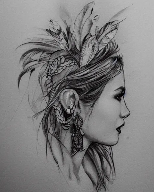 Image similar to tattoo sketch of beautiful greek goddess aphrodite with arrowhead earrings, beautiful feather jewelry, beautiful piercing eyes, flowing blonde hair, realistic face, hyper realistic, in the style of greg rutkowski, fantasy, amazing detail, epic, elegant, smooth, sharp focus, from the front