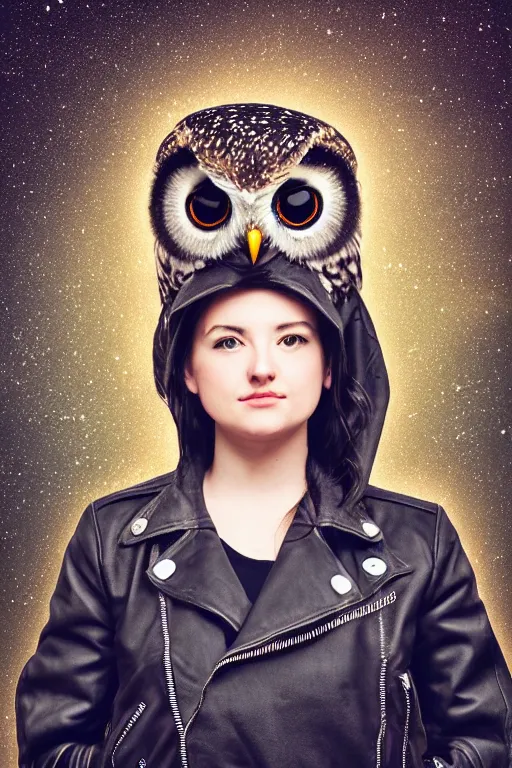 Prompt: front of owl wearing black biker jacket, portrait photo, full body, backlit, studio photo, golden ratio, starry background, black jacket