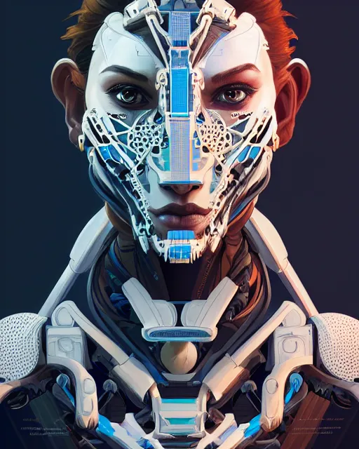 Image similar to symmetry!! portrait of a machine from horizon zero dawn, machine face, intricate, elegant, highly detailed, digital painting, artstation, cgsociety, concept art, smooth, sharp focus, illustration, art by artgerm and greg rutkowski and alphonse mucha, 8 k