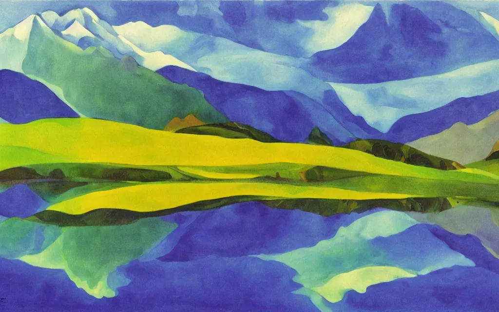 Image similar to the alps and reflection in a lake in the style of georgia o keeffe. colorful, wavy. painting. medium long shot. perspective. color palette of blue, yellow, purple, green.