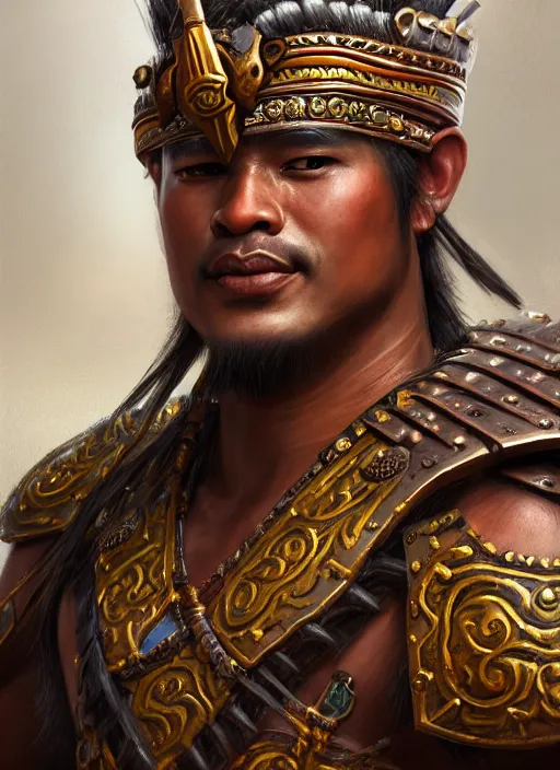 Prompt: smart tai warlord, closeup portrait, without beard and mustache, historical hero, ethnic group, tai costume, thai transitional bronze headdress, intricate, with leather armor cross on bare chest, elegant, loin cloth, highly detailed, oil painting, artstation, concept art, matte, sharp focus, illustration, hearthstone, art by earl norem