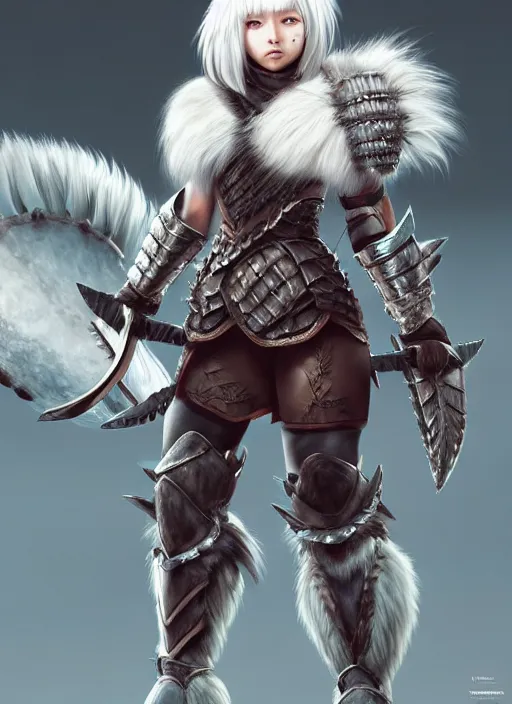 Image similar to warrior, fur - lined heavy armor!!! beautiful and athletic white hair female!! monster hunter!! character concept art, sharp focus, octane render! unreal engine 5! highly rendered!! trending on artstation!! detailed linework!! illustration by artgerm, wlop, and chie yoshii