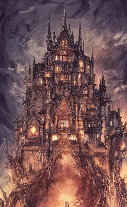 Image similar to Castle, gothic , by Ayami Kojima, studio ghibli, cinematic lighting, intricate, highly detailed, digital painting, trending on artstation, Illustration, epic scale