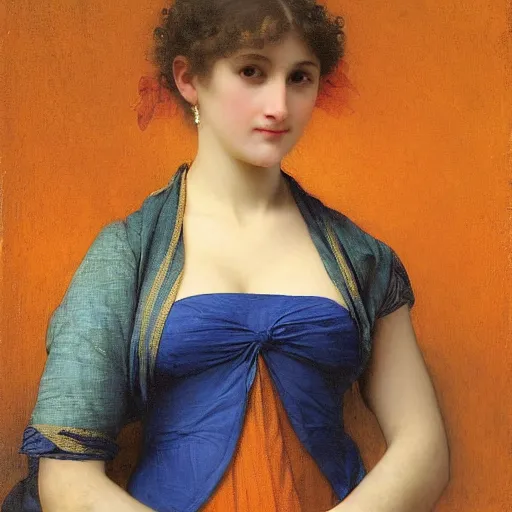 Image similar to woman with an orange and blue maximalist garment, by bouguereau