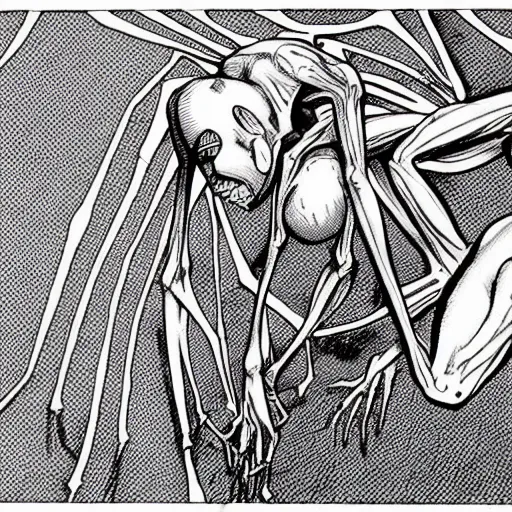 Prompt: grotesque human and spider hybrid, flesh and bone exposed, scary, spindly legs with a large web, junji ito manga art