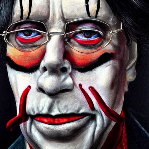 Image similar to a portrait of stephen king with clown makeup on