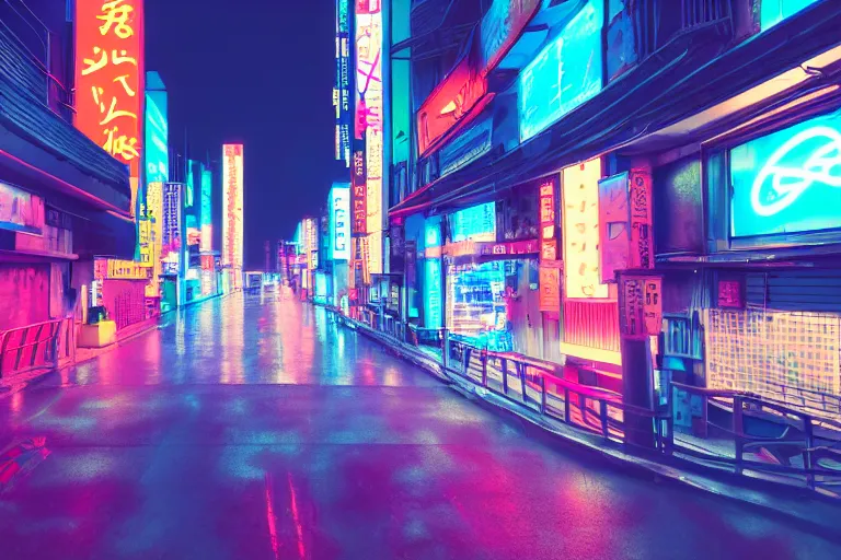 Prompt: neon tokyo street at night futuristic aesthetic matte painting, wallpaper, unsplash, colorful, style of aenami alena, neon blue color, vaporwave,