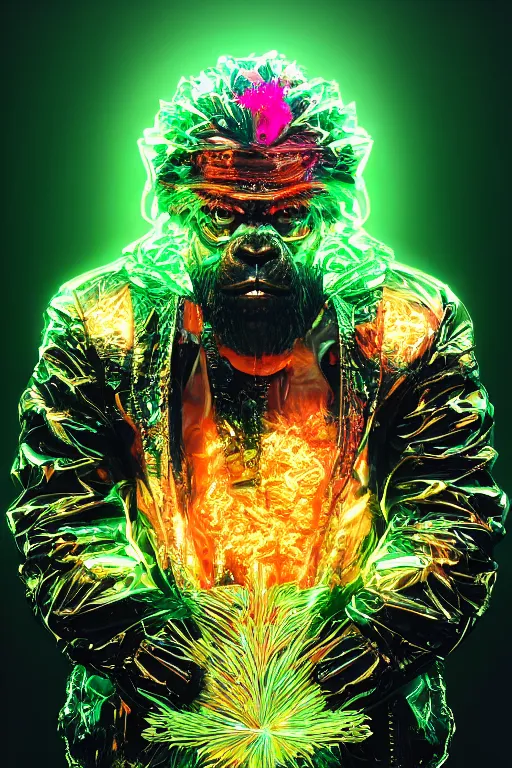 Image similar to hyper detailed ultra sharp portrait of baroque and bladerunner delicate neon ruby sculpture of seductive muscular nick jonas gorilla green radioactive humanoid deity wearing metallic hoody made out of leaves holding the sun prismatic dungeon, glowing rainbow face, crown of white diamonds, cinematic lighting, photorealistic, octane render 8 k depth of field 3 d