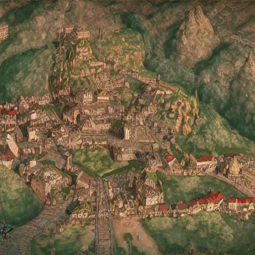 Prompt: a detailed painting of a topdown battlemap from 9 0 degrees angle of a medieval town, special areas marked with transparent red circles, dnd encounter, night, dark fantasy, extremely detailed, no people, photorealistic, octane render, 8 k, unreal engine 5. art by artgerm and greg rutkowski and alphonse mucha