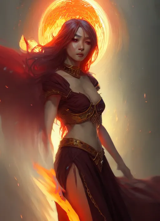 Image similar to character concept art of a fire sorceress, key visual, realistic shaded perfect face, fine details, ultra realistic, dystopian environment and background, by stanley artgerm lau, wlop, rossdraws, james jean, andrei riabovitchev, marc simonetti, and sakimichan, trending on artstation