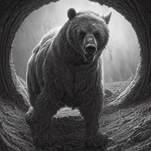 Image similar to photorealistic demon bear in the style of michael whelan and gustave dore. hyperdetailed photorealism, 1 0 8 megapixels, amazing depth, glowing rich colors, powerful imagery, psychedelic overtones, 3 d finalrender, 3 d shading, cinematic lighting, artstation concept art