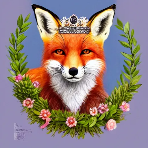 Prompt: portrait of a fox wearing a tiara, wreath flowers, fantasy art, d & d, trending on artstation, beautiful art, intricate, elegant, highly detailed, digital painting, concept art, smooth, sharp focus, illustration