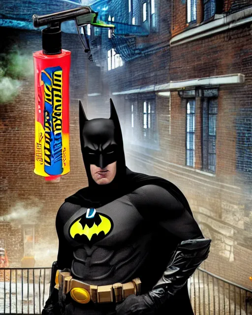 Image similar to happy batman firing super soaker water gun at playful criminals in an alleyway, product advertisement, photogenic photograph