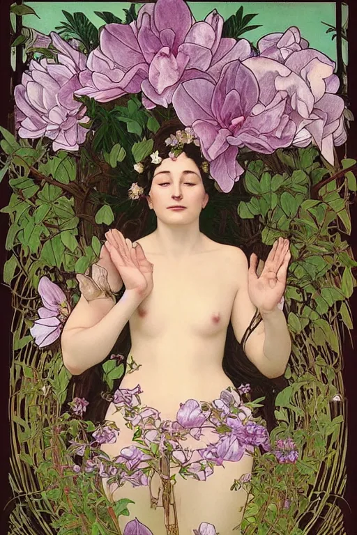 Image similar to a goddess of magnolias, queen of the garden!!, meditating in nature!!!! with a beautiful symmetrical face!!! cinematic lightning, isolated, studio lighting by alphonse mucha and tom bagshaw