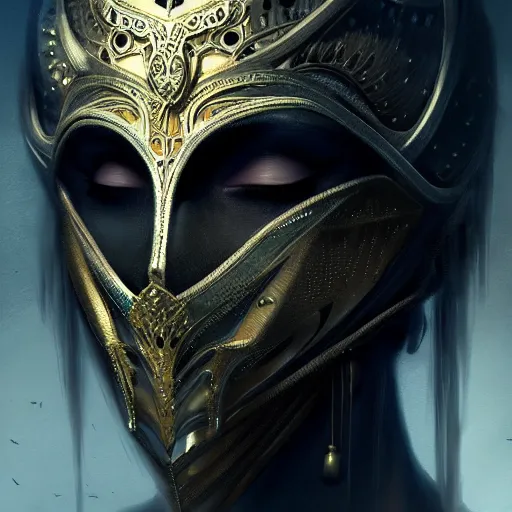 Prompt: Very very very very highly detailed epic photo of face with venetian mask, intricate, dystopian, sci-fi, extremely detailed, digital painting, artstation, concept art, smooth, sharp focus, illustration, intimidating lighting, incredible art by Brom