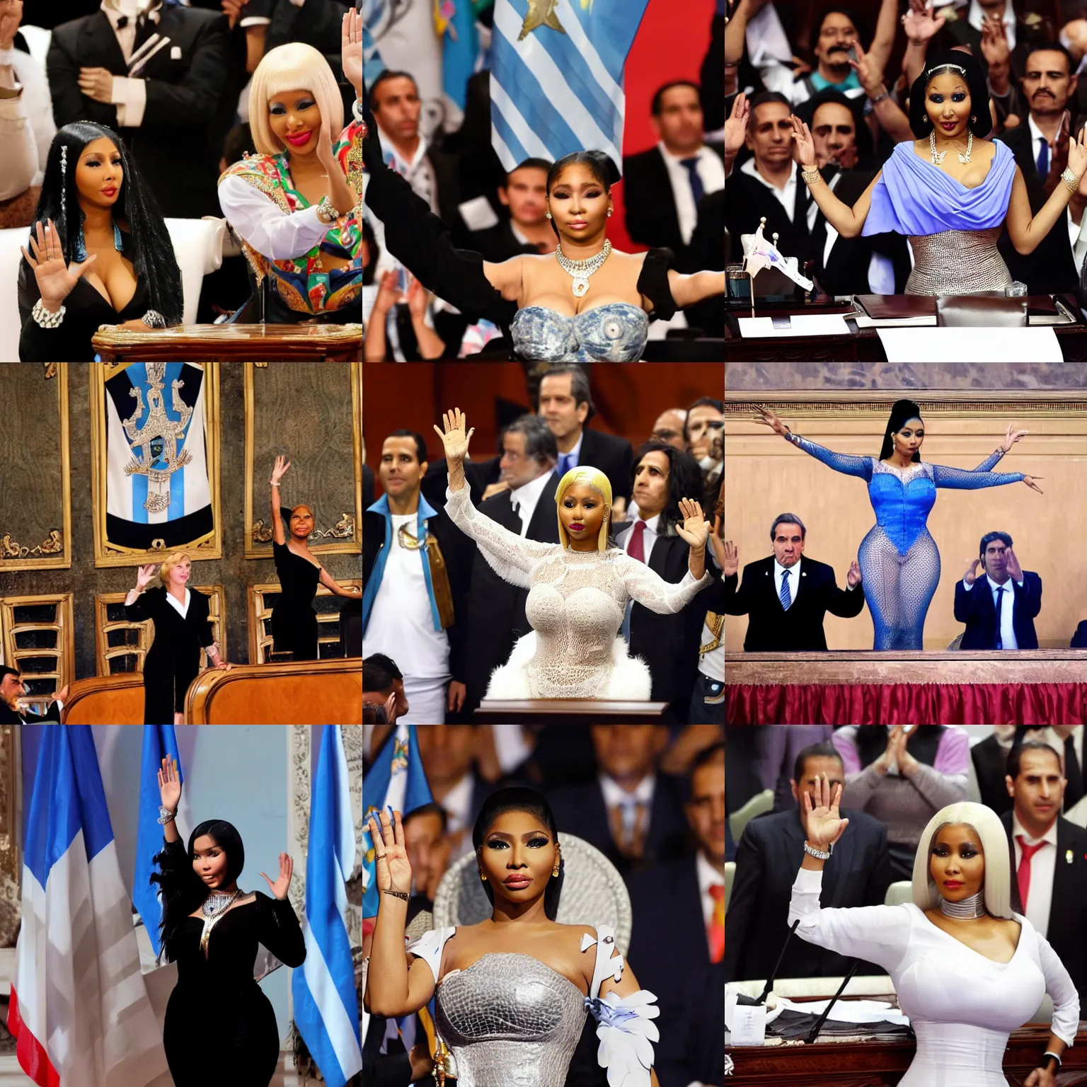 Prompt: Nicki Minaj president of Argentina, waving hands as Evita, in the Argentine Congress, flags of Argentina behind, detailed picture