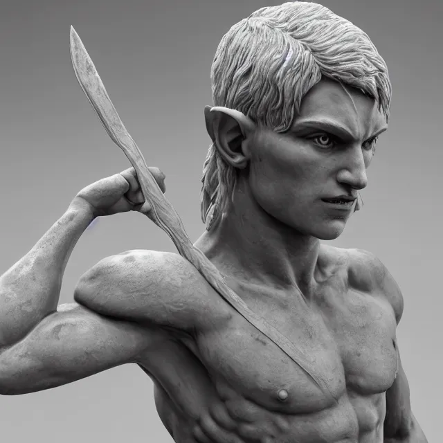 Image similar to marble sculpture of a male warrior elf, realistic, unreal engine render, octane render, hyper realistic, photo, 8 k, cinematic lighting