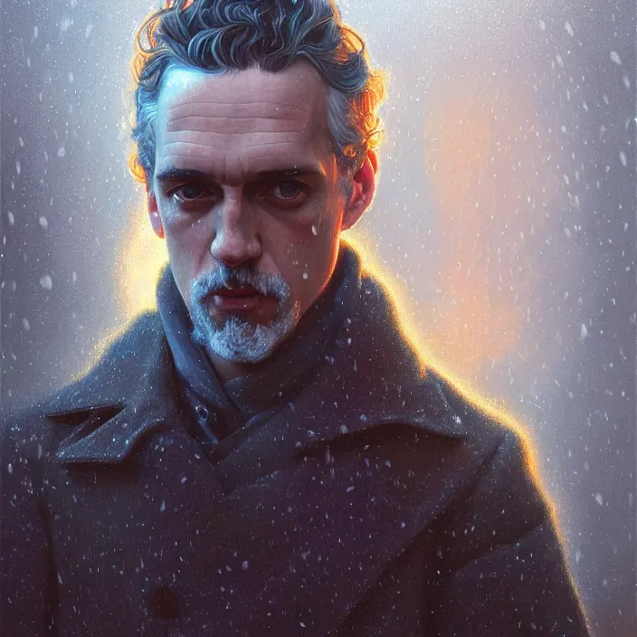 Prompt: psychedelic snowfall Jordan Peterson, diffuse lighting, fantasy, intricate, elegant, highly detailed, lifelike, photorealistic, digital painting, artstation, illustration, concept art, smooth, sharp focus, art by John Collier and Albert Aublet and Krenz Cushart and Artem Demura and Alphonse Mucha