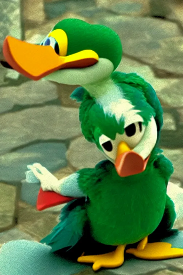 Prompt: donald duck as a green parrot in the harry potter universe