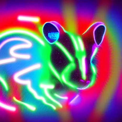 Prompt: cyberpunk hamster made of glowing rainbow neon lights gems and crystals, light reflection, 8 k, hd, logo