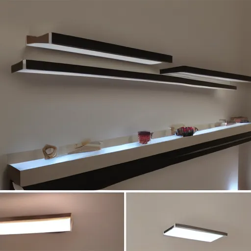 Image similar to led strip lighting on shelving, up close, homes and gardens, super detailed render, award winning