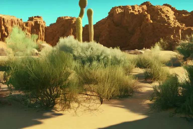 Image similar to desert oasis in a translucent casing electronic environment, ps 4 screenshot, still from a kiyoshi kurosawa movie, sanriocore, full sun lighting, caustic lighting