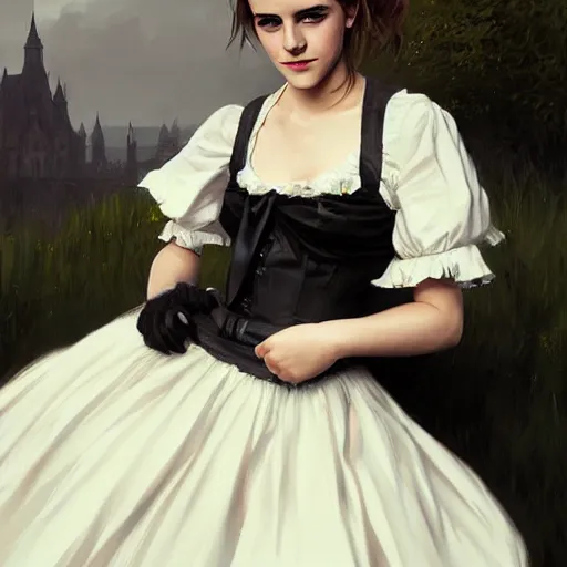 Image similar to highly detailed painting of emma watson wearing a black cat lolita maid dress, stephen bliss, 8 k, by greg rutkowski, artgerm, loish, rhads, global illumination, detailed and intricate environment