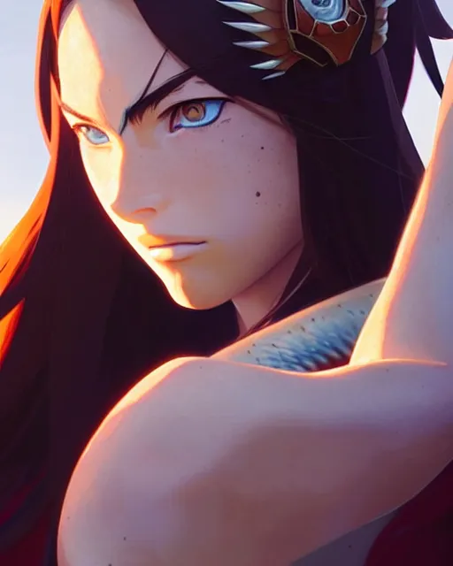 Image similar to azctec warrior, megan fox, detailed perfect face, exquisite details, fire magic, mid view, design on a white background, by studio muti, greg rutkowski makoto shinkai takashi takeuchi studio ghibli