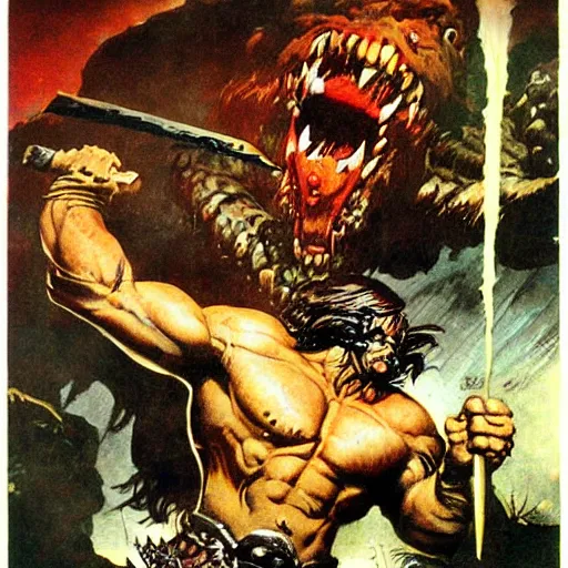 Image similar to Barbarian fighting monster by Frazetta