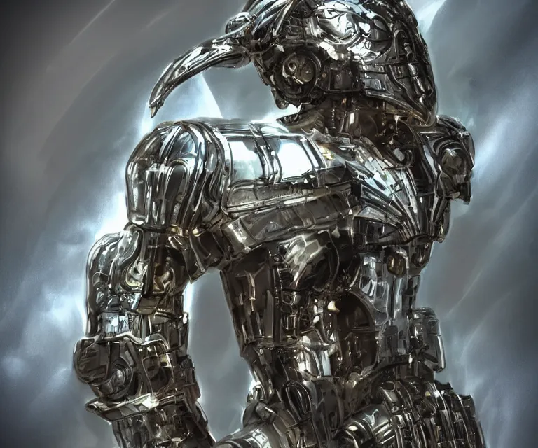 Image similar to translucent cyborg, metal throne, futuristic castle, fantasy sci - fi, sharp lines, metallic, 7 0 mm focus