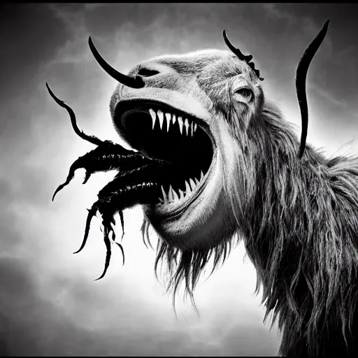 Image similar to horror photography, cinematic, moody, screeching mutant goat monster with a mouth crammed full of sharp teeth and filthy matted fur