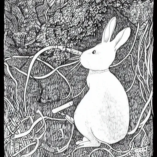 Image similar to precisely drawn, fine detailed, intense line work, drawing of a white bunny smoking a big cigarette in the deep tangled forest, by edward gorey, black ink on white paper