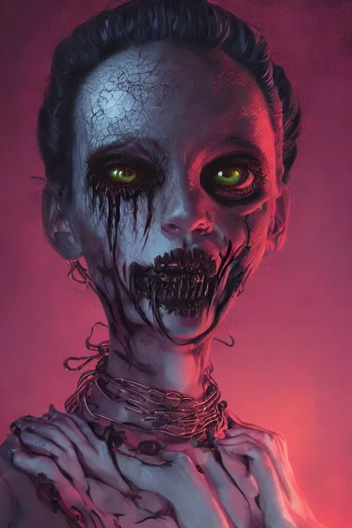 Image similar to portrait of a creepy horror punk girl . intricate abstract. intricate artwork. nightmare fuel. terrifying. by Tooth Wu, wlop, dan mumford , trending on artstation, greg rutkowski very coherent symmetrical artwork. cinematic, hyper realism, high detail, octane render, 8k