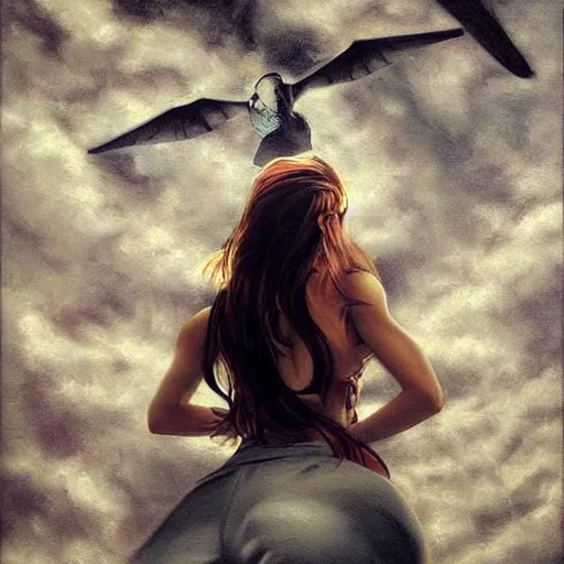 Image similar to learning to fly, first person point of view, realisting painting, artgerm, james raiz