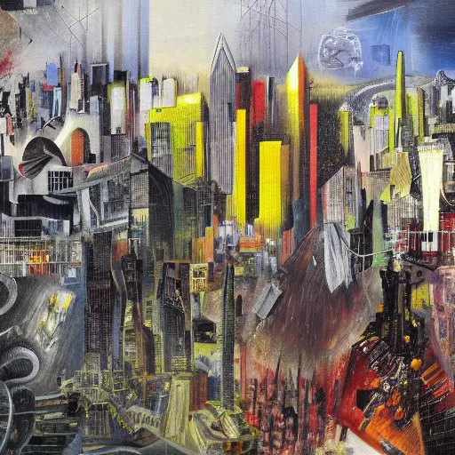 Image similar to Santiago of Chile skyline from a cyberpunk future, oil on canvas by Roberto Matta and Dave McKean