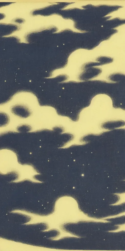 Image similar to painting of the night sky by kitano tsunetomi, 1 9 3 9, monochromatic