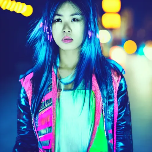 Image similar to photo portrait of an Asian woman with long Mohawk down hair wearing neon cyberpunk jacket, cinematic shot, night lighting, dslr bokeh depth of field