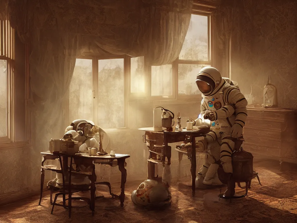 Prompt: a single cosmonaut in a spacesuit drinks a steaming cup of tea at an old wooden desk in a richly decorated Victorian house. the autumn light comes in through a window and dimly illuminates the room, diffuse light, octane render