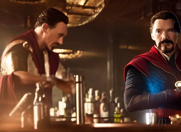 Prompt: film still of singular Doctor Strange working as a bartender in the new Avengers movie, 4k