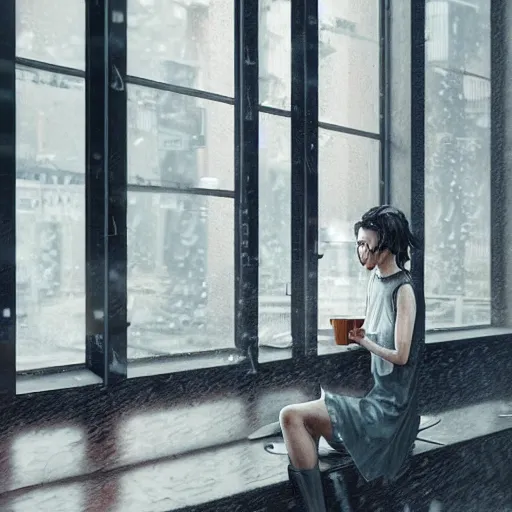 Image similar to A young woman sitting in a cafe looking out of the window with rain outside, cyberpunk, ultra realistic, concept art, intricate details, eerie, highly detailed, photorealistic, octane render, 8k, unreal engine, art by Bjorn Hurri